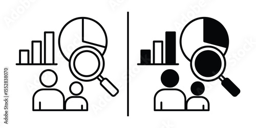 Data Analysis: An illustration showcasing data analysis, with charts, magnifying glass, and figures, used in business or research contexts. 