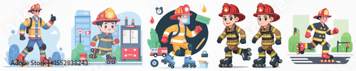 firefighter vector playing roller skates