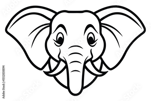 Cartoon elephant head outlined showcases large ears and curved trunk with cute eyes