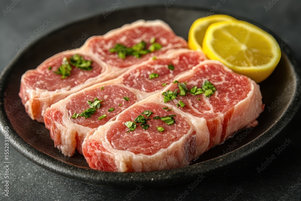 Raw lamb chops sit on a plate with lemon and fresh herbs. Perfect for recipes, cooking blogs, and food industry marketing. Raw lamb chops sit on a plate with lemon and fresh herbs. Perfect for recipes, cooking blogs, and food industry marketing.