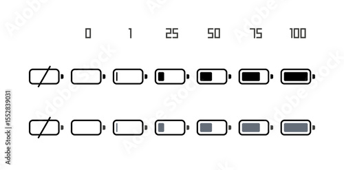 Set of battery charge level indicator icon vecor illustration. Low and fully charge