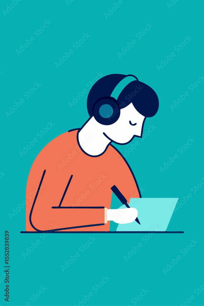 Smiling student cartoon boy reads a book on a laptop, studying for school Smiling student cartoon boy reads a book on a laptop, studying for school