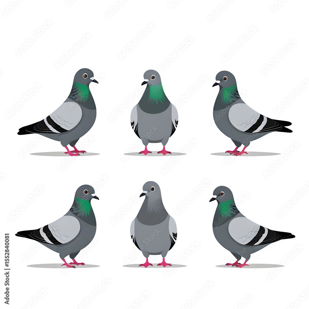 Fototapeta premium Adorable Pigeon Silhouettes – Set of Cute Black Bird Vector Icons in Unique Poses, Isolated on White, Minimalist Flat Design for Urban & Nature-Themed Art 