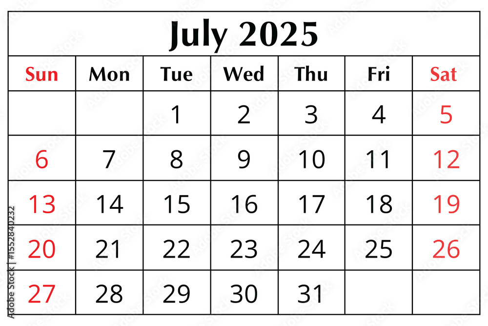July 2025 ENGLISH month calendar. png transparent illustration July 2025 ENGLISH month calendar. png transparent illustration