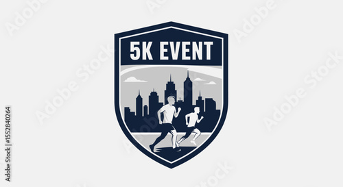 Shield emblem design for 5k running event featuring city skyline and runners