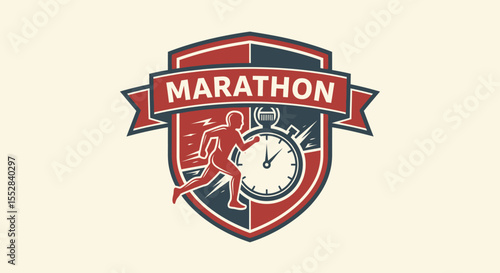 Stylized marathon logo with running figure and stopwatch symbolizing race timing and endurance