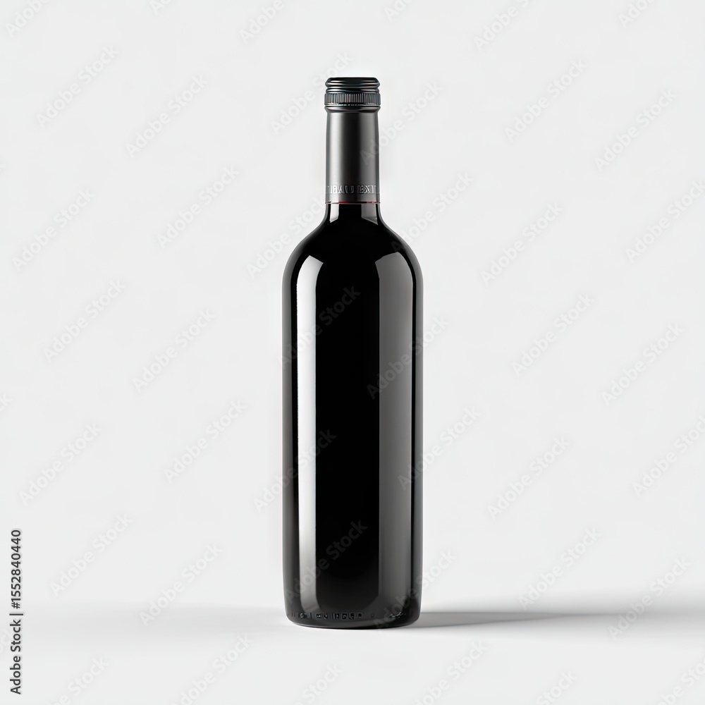 A tall, slender, dark-glass wine bottle with a black cap stands on a plain white background, subtly reflecting light A tall, slender, dark-glass wine bottle with a black cap stands on a plain white background, subtly reflecting light