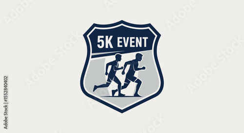 logo design of a 5k running event featuring two silhouetted runners in motion inside a badge shape