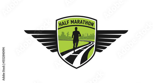 Logo design for half marathon featuring a runner and winged badge representing speed and endurance