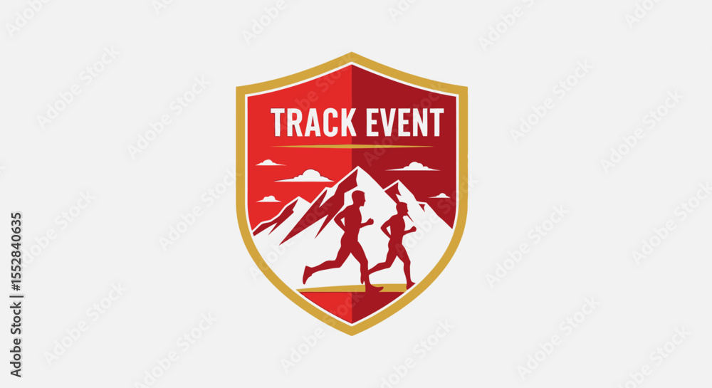 Obraz premium Shield emblem representing an outdoor mountain track event with runners in action