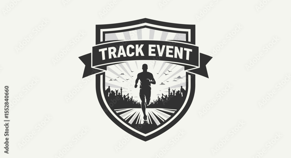 Obraz premium Silhouette of Runner in Track Event Badge with Crowds and Ribbon Banner