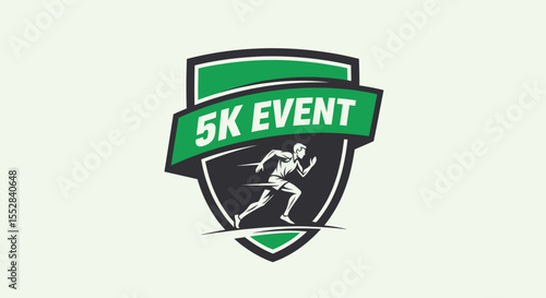 Dynamic 5k running event logo design featuring athlete silhouette and shield emblem in green and black