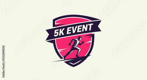 dynamic 5k event logo design with running athlete silhouette on shield background