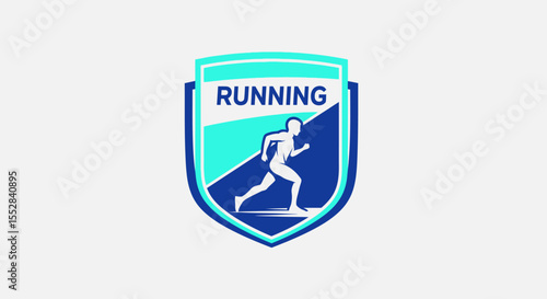 Shield emblem featuring a dynamic running figure symbolizing athleticism and fitness motivation