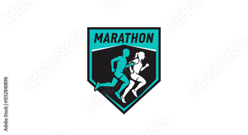 Stylized emblem of male and female runners representing marathon running and athletic endurance competition
