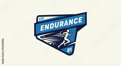Stylized endurance running logo with dynamic runner and bold typography in blue tones