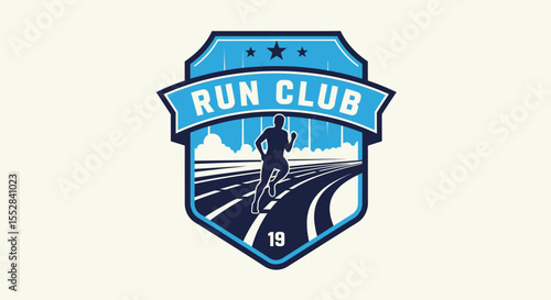 Emblem design featuring runner silhouette on curved track with run club text and stars
