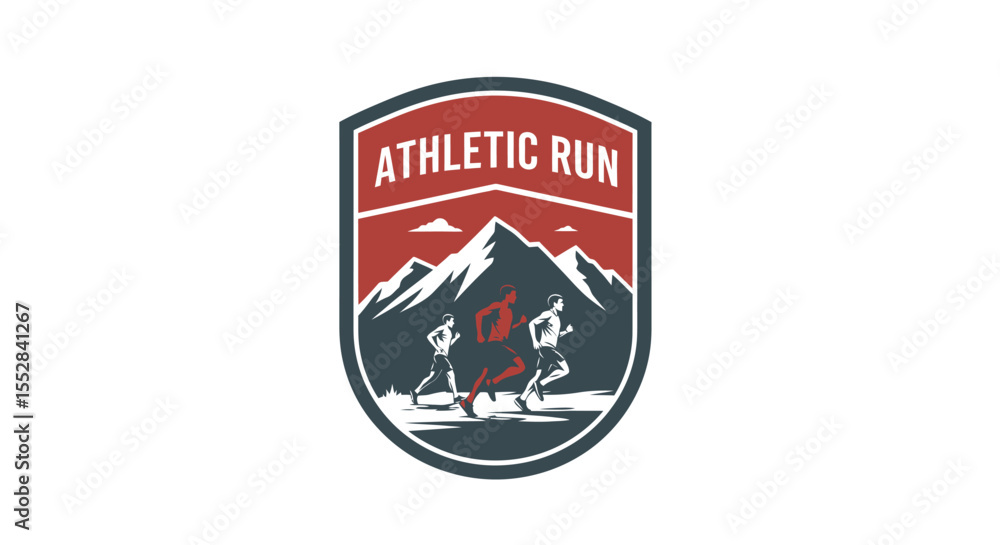 Fototapeta premium stylized emblem featuring three runners racing in front of mountain peaks with the text athletic run