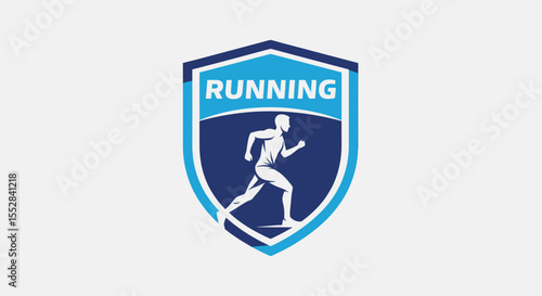 Shield emblem featuring a silhouette of a person running symbolizing fitness and athleticism