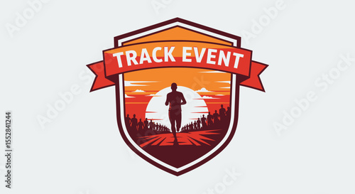 Silhouette of runner in front of sunset with crowd at track event emblem design