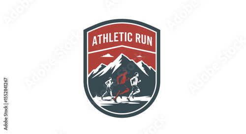 stylized emblem featuring three runners racing in front of mountain peaks with the text athletic run