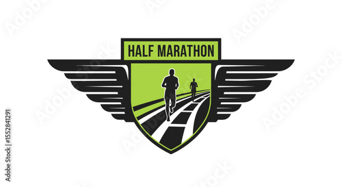 Logo design featuring runners and wings symbolizing speed and endurance for a half marathon event