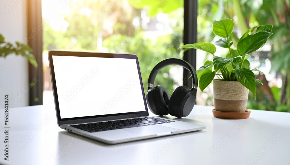 Fototapeta premium Laptop computer with coffee cup on office desk