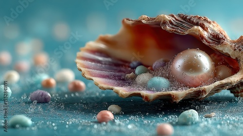 Unique sea shell with lustrous pearl and colorful beads on serene blue background