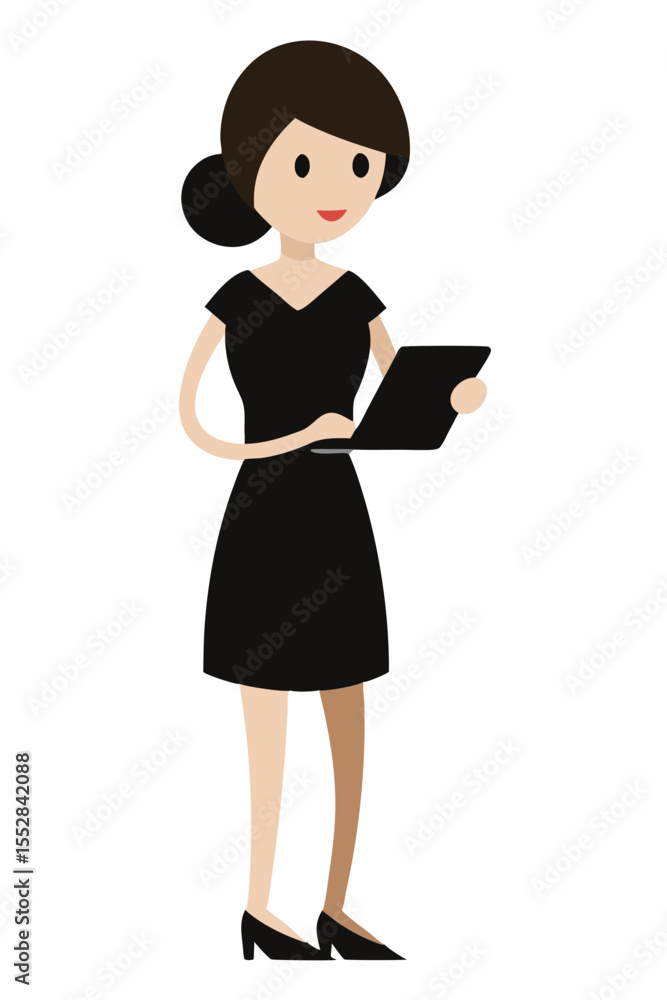 Smiling professional businesswoman or student standing full-length, holding a tablet, book, or folder Smiling professional businesswoman or student standing full-length, holding a tablet, book, or folder