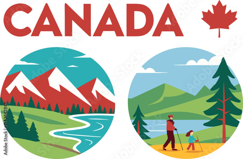 Canada landscape with mountains and people hiking maple leaf