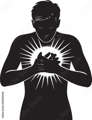 Silhouette of Man with Hands on Chest Experiencing Heart Pain or Emotion