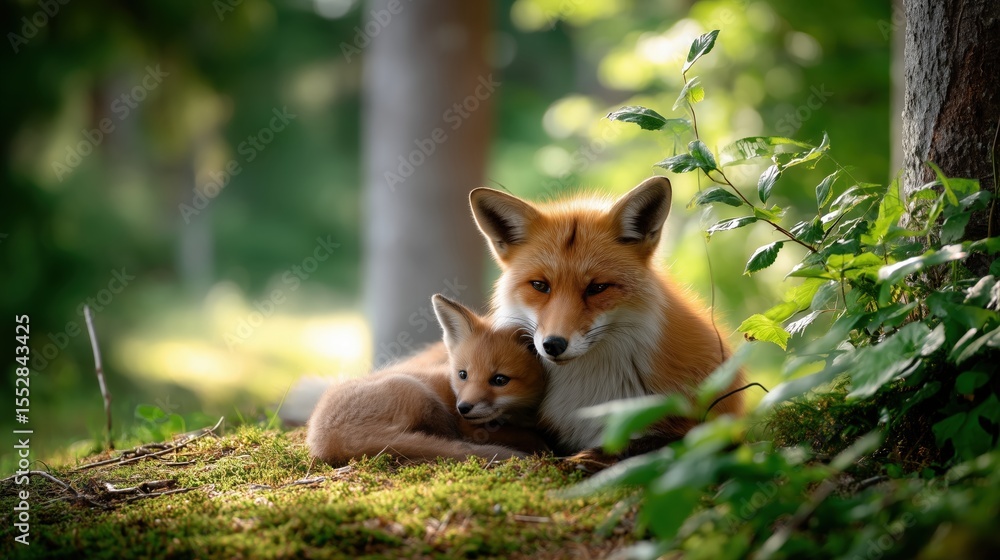 Fototapeta premium Red fox mother cuddling her baby fox cub in green forest