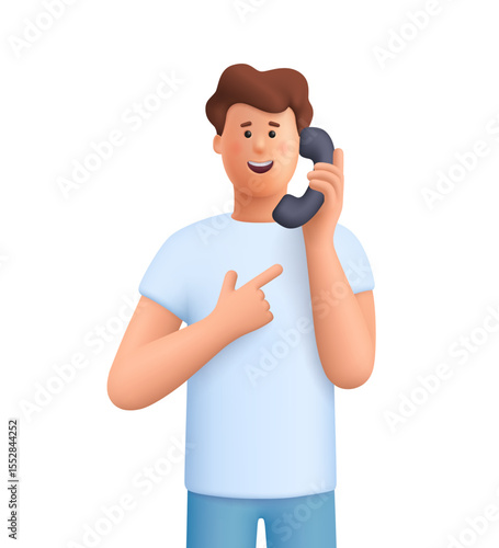 Young smiling man James holding a classic phone receiver to his ear. Talk and call by telephone. Communication, conversation, support concept. 3d vector people character. Cartoon minimal style.