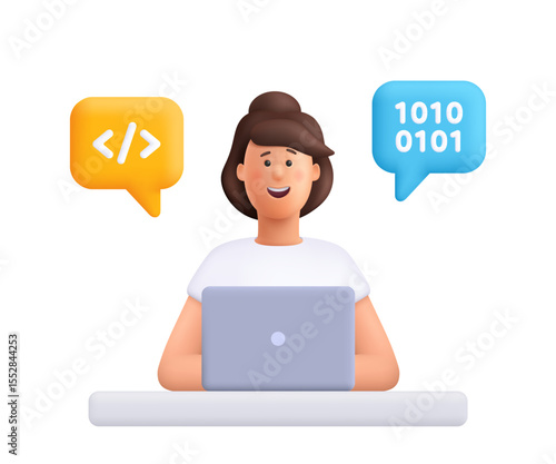 Young smiling woman Jane working on a laptop with coding and binary symbols in speech bubbles. Web development, programming and coding concept. 3d vector people character. Cartoon minimal style.
