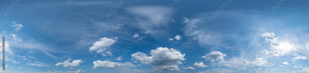 Blue sky panorama with Cirrus clouds in Seamless spherical equirectangular format. Full zenith for use in 3D graphics, game and editing aerial drone 360 degree panoramas for sky replacement. Blue sky panorama with Cirrus clouds in Seamless spherical equirectangular format. Full zenith for use in 3D graphics, game and editing aerial drone 360 degree panoramas for sky replacement.