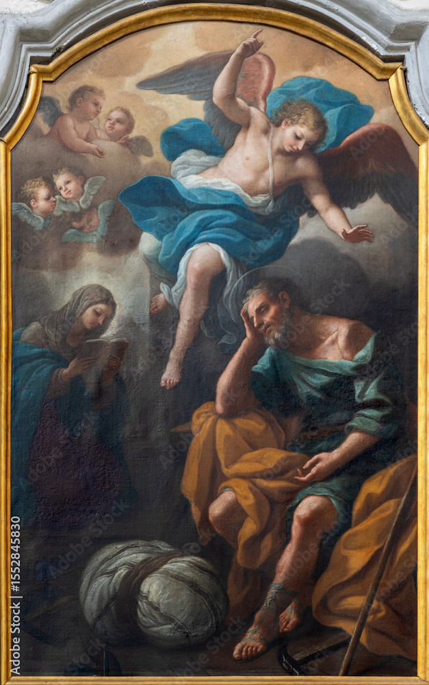 Obraz premium Naples - The painting of Apparition of angels to St. Joseph in the church Chiesa di San Giuseppe a Chiaia by Antonio Sarnelli (1712 - 1800).