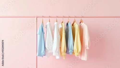 Wallpaper Mural clothing rack on the left side with pastel garments — pink, white, blue, and yellow. Clean neutral background with copy space on the right. Soft natural light.

 Torontodigital.ca