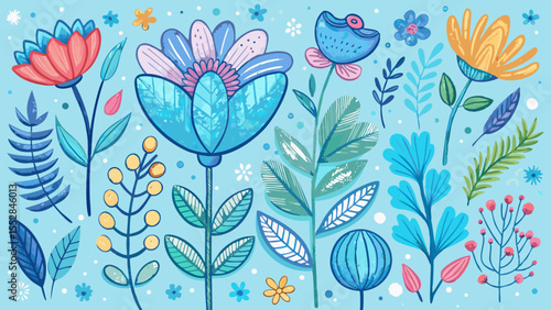 Sky blue pastel crayon flower set features hand drawn plants and leaves. This chalk-textured spring floral background creates a sweet kid-friendly doodle for every nature-loving child’s dream garden .