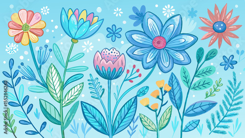 Sky blue pastel crayon flower set features hand drawn plants and leaves. This chalk-textured spring floral background creates a sweet kid-friendly doodle for every nature-loving child’s dream garden .
