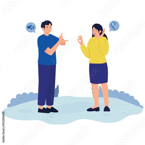 Disability Illustration. Vector illustration of Two people having a conversation using sign language to communicate silently and inclusively. Isolated on background