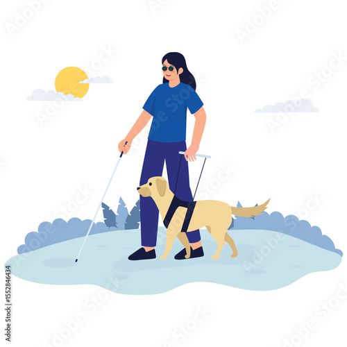 Disability Illustration. Vector illustration of Visually impaired woman walking with her guide dog and white cane on a sunny day. Isolated on background