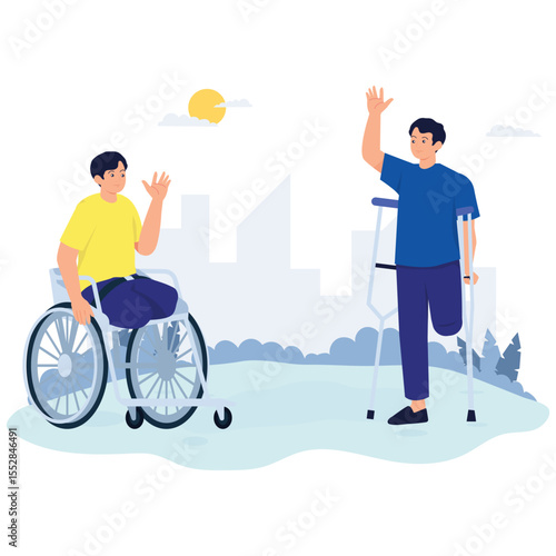 Disability Illustration. Vector illustration of Two friends with mobility challenges greet each other happily outdoors. Isolated on background