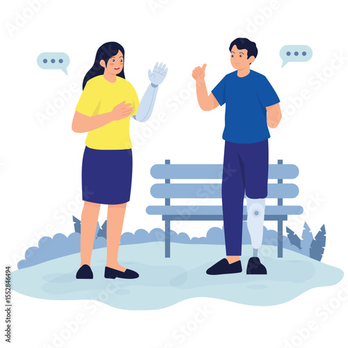 Disability Illustration. Vector illustration of A man and woman with prosthetic limbs engage in a cheerful conversation in a park. Isolated on background