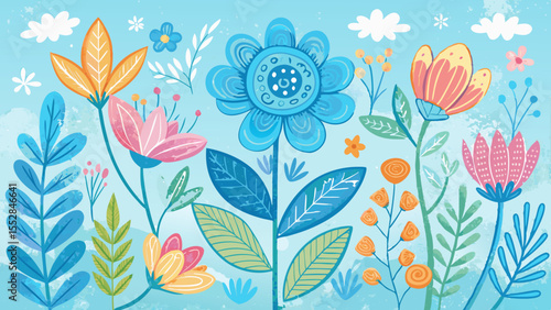 Sky blue pastel crayon flower set features hand drawn plants and leaves. This chalk-textured spring floral background creates a sweet kid-friendly doodle for every nature-loving child’s dream garden .