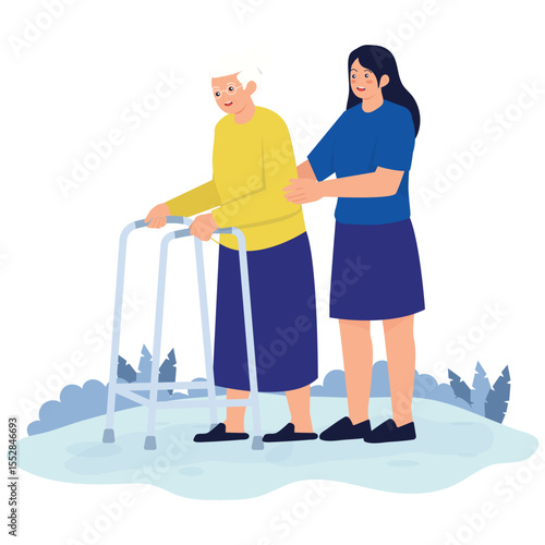 Disability Illustration. Vector illustration of A caregiver helps an elderly woman using a walker take a walk in the park. Isolated on background