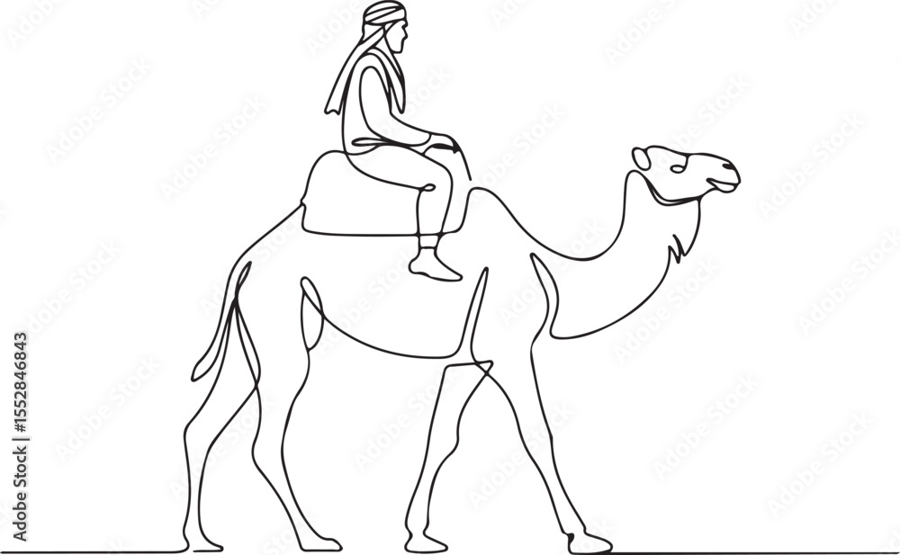 Fototapeta premium Continuous Line Drawing of Camel and Rider One Line Art Vector Graphic