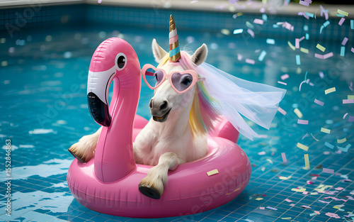 Charming unicorn enjoying a colorful pool party on a sunny day Generative AI