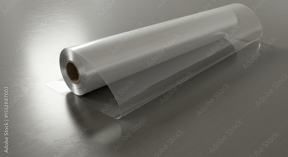 Clear plastic film roll on reflective surface for packaging use Clear plastic film roll on reflective surface for packaging use