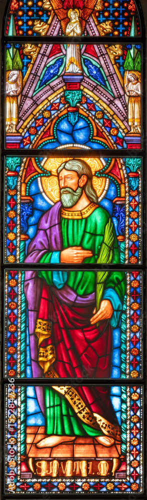 Obraz premium PIACENZA, ITALY - MAY 20, 2025: The St. Jovita on the stained glass in the Church Basilica di San Francesco by unknown artist from end of 19. cent.