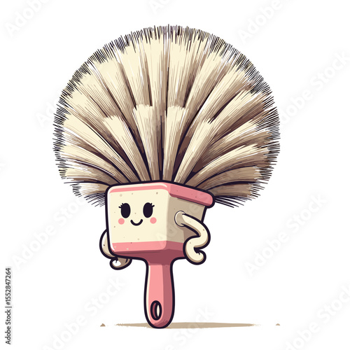 Cute cartoon feather duster with smiling face on white background